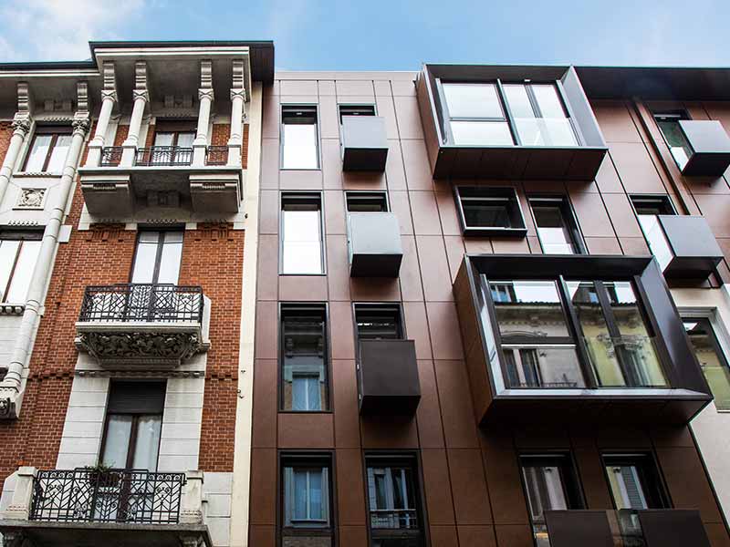 CT20 turin, new residential buildings with corten effect aluminium